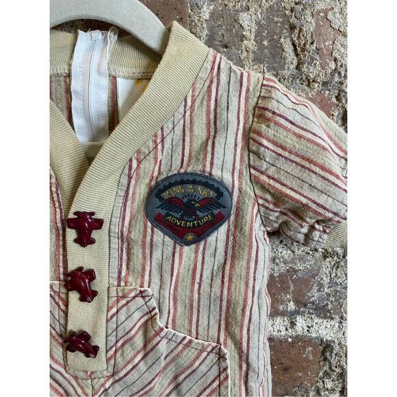 Tiny Tots Original Tan/Maroon Striped Romper with Airplane Aircraft Toggle Butto - Picture 2 of 11